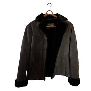 ADLER COLLECTION | Genuine Shearling Leather Jacket Brown Faux Fur Trim Size M